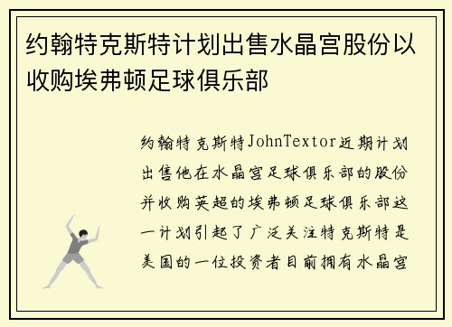 约翰特克斯特计划出售水晶宫股份以收购埃弗顿足球俱乐部