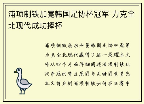 浦项制铁加冕韩国足协杯冠军 力克全北现代成功捧杯 浦项制铁加冕韩国足协杯冠军 力克全北现代成功捧杯